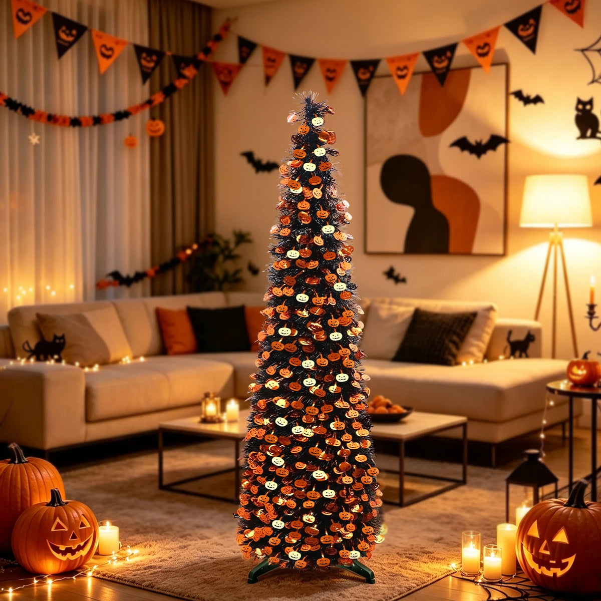 Halloween Artificial Tree With Pumpkin Ornaments And LED Lights