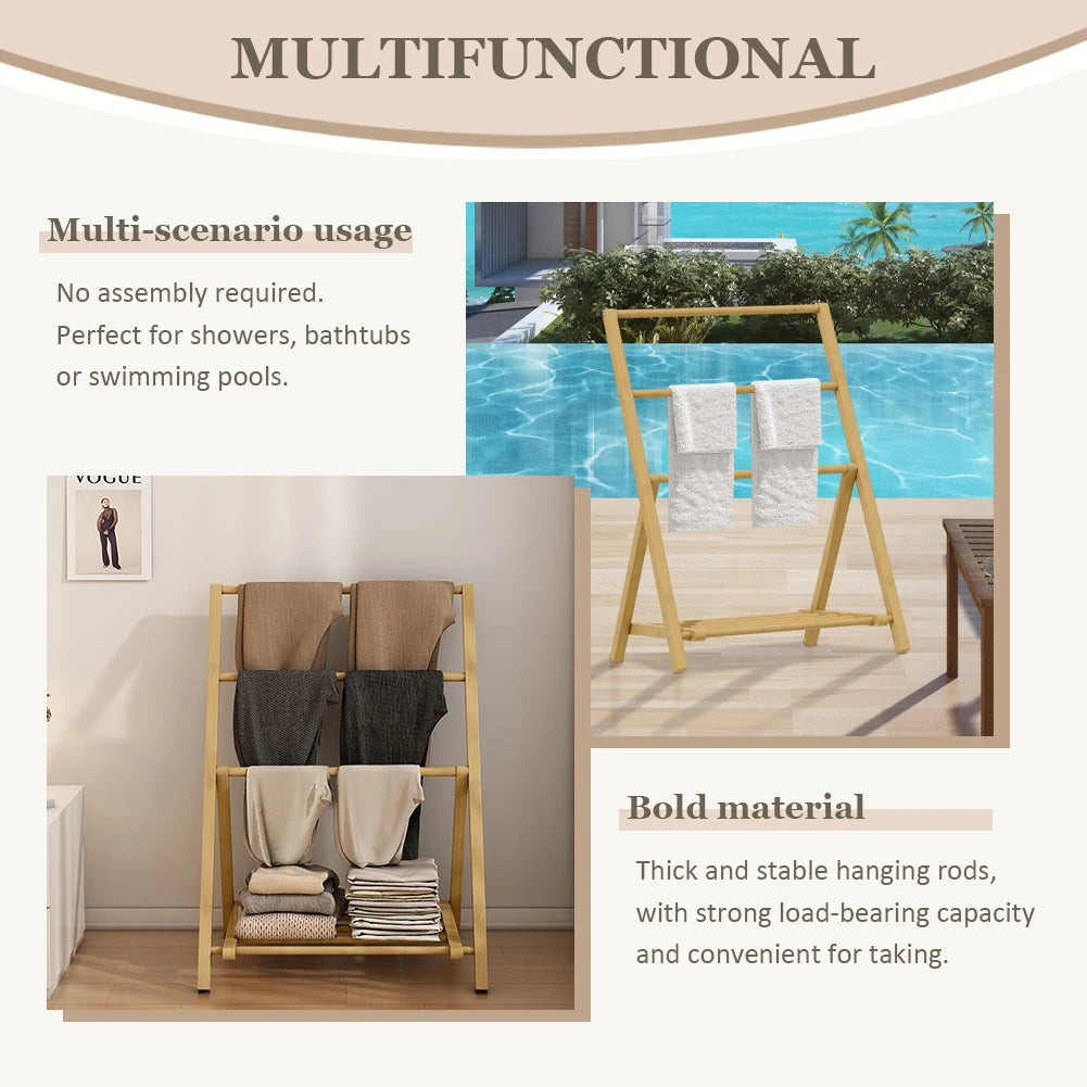 Bamboo Floor Towel Rack with Storage Shelf Freestanding Wood Hangers Towel Holder Organizer for Shower Bathtub Swimming Pool