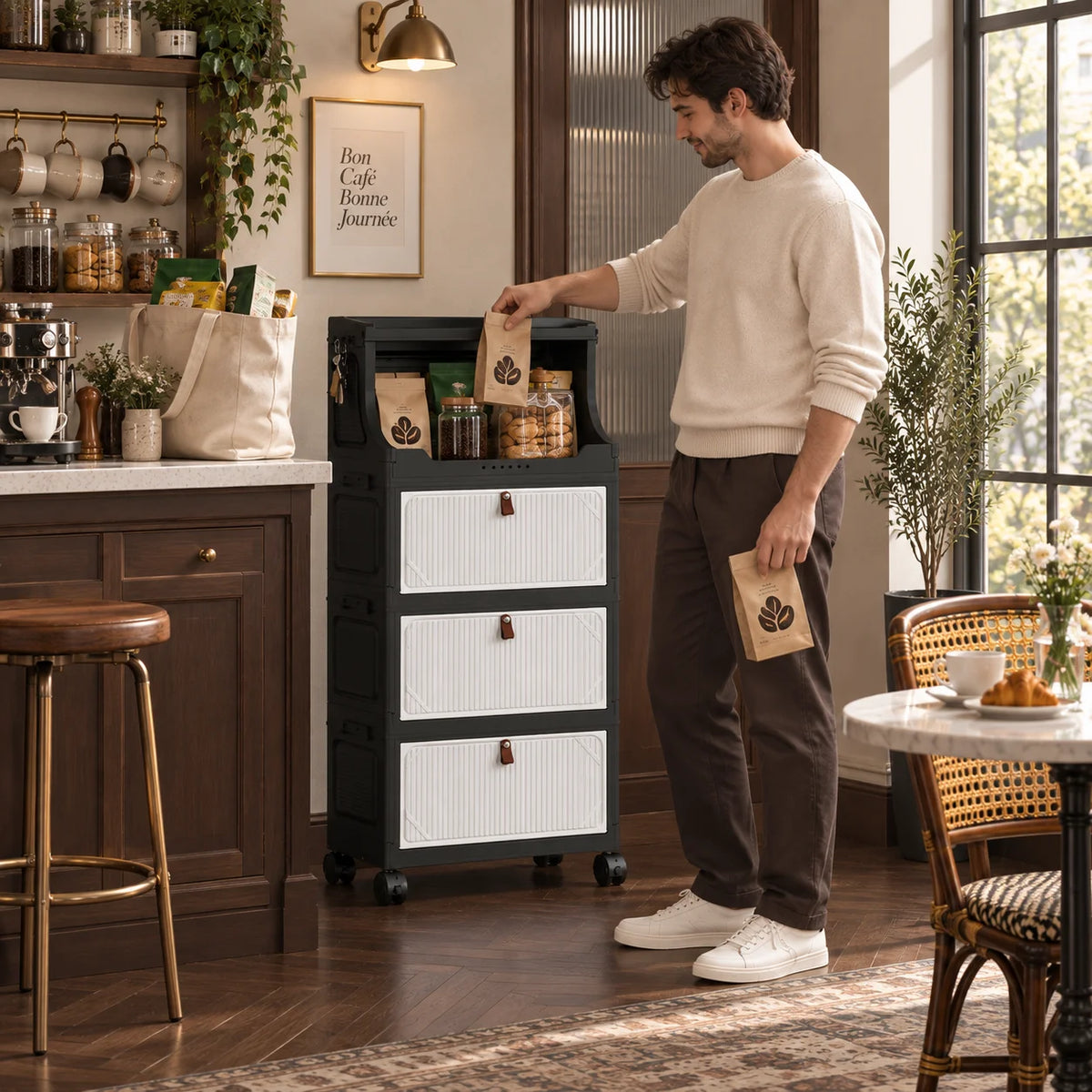 3–6 Tier Foldable Storage Cabinet with Open Top Shelf, Rolling Organizer with Flip-Down Doors and Wheels for Coffee Bar, Kitchen, Pantry, Living Room and Home Organization