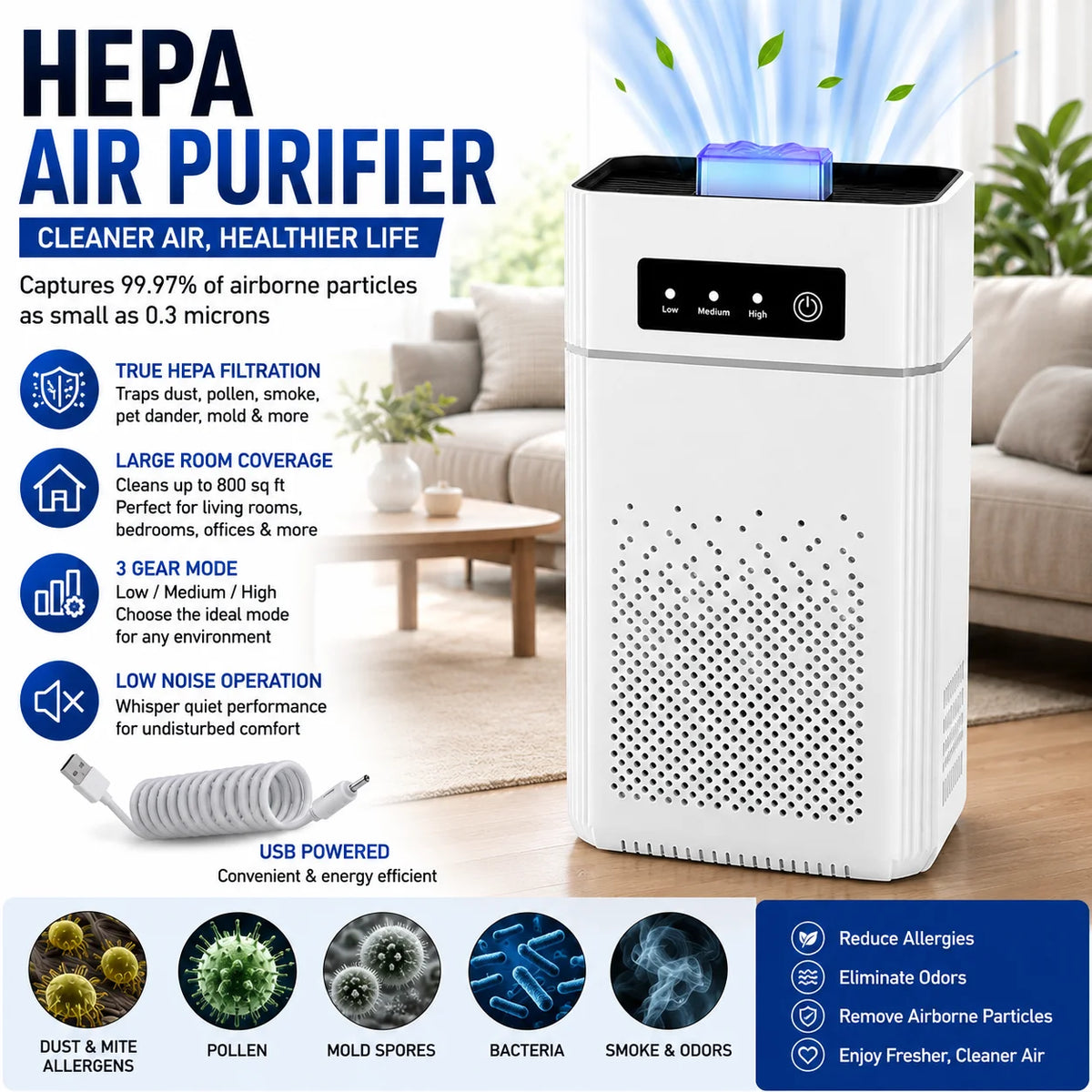 HEPA Air Purifier For Large Rooms Filters Dust And Smoke