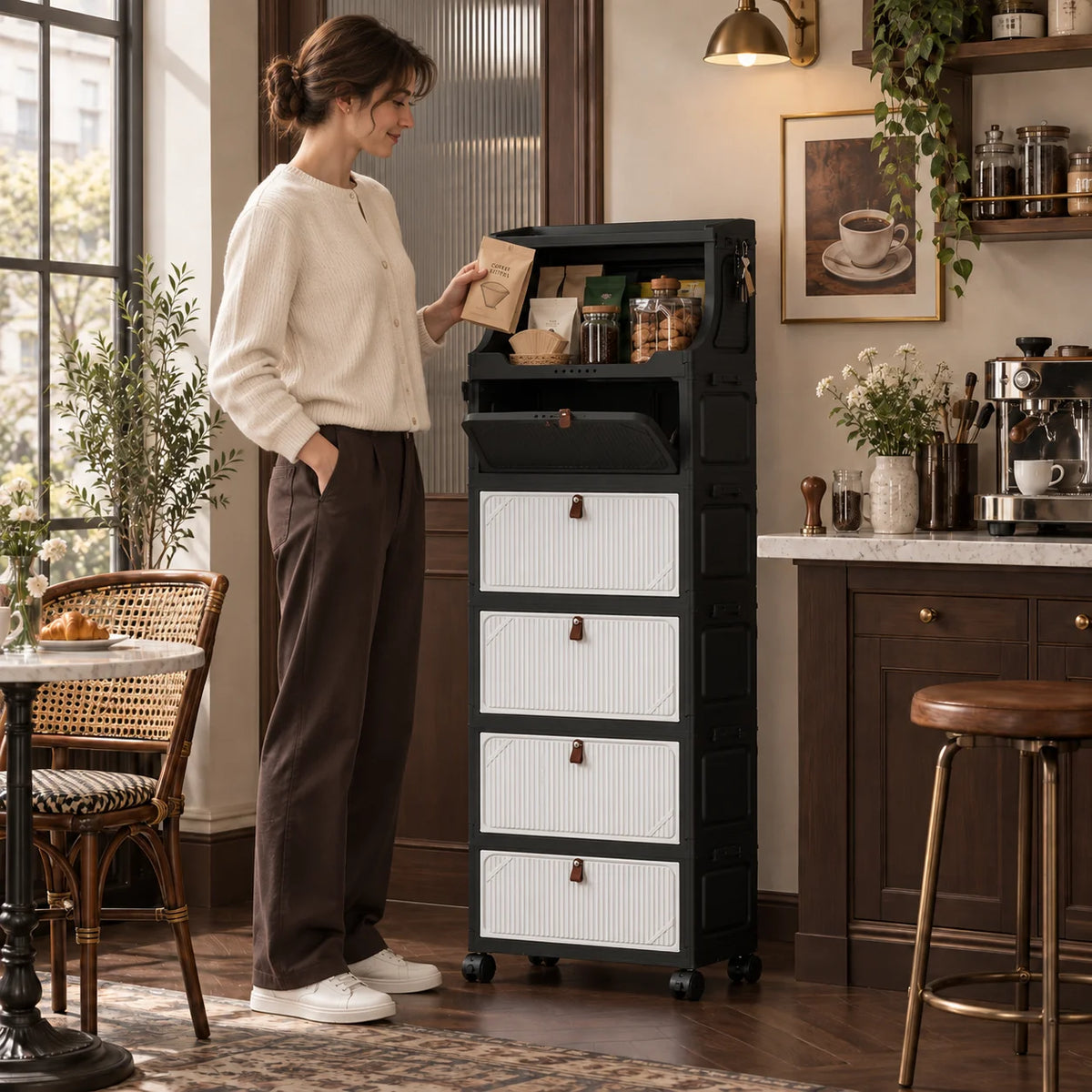 3–6 Tier Foldable Storage Cabinet with Open Top Shelf, Rolling Organizer with Flip-Down Doors and Wheels for Coffee Bar, Kitchen, Pantry, Living Room and Home Organization
