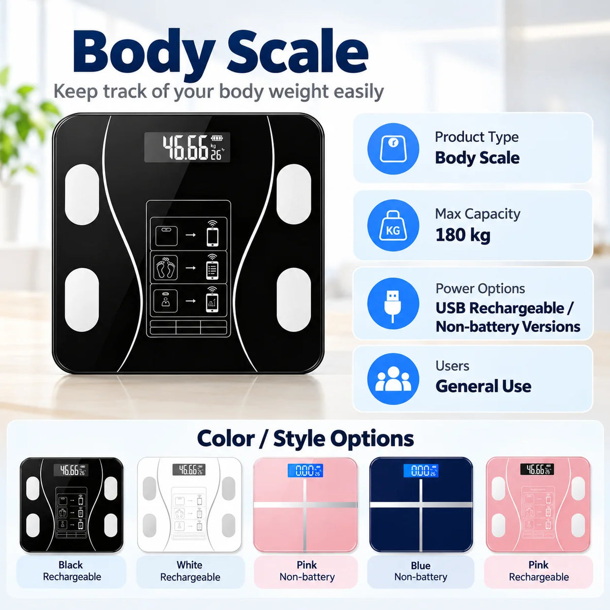 USB Rechargeable Digital Bathroom Scale With Toughened Glass Platform