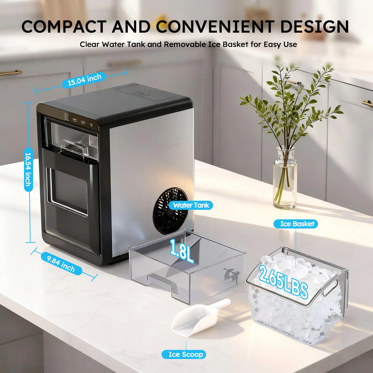Countertop Nugget Ice Maker 84bs/24h Self-cleaning Chewable Pellet Ice Machine with Ice Scoop And Basket for Home Kitchen Party