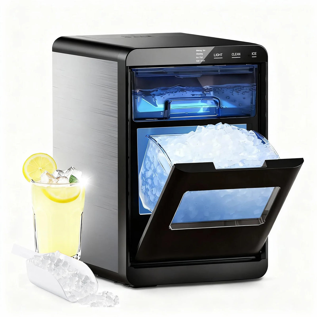 Countertop Nugget Ice Maker 84bs/24h Self-cleaning Chewable Pellet Ice Machine with Ice Scoop And Basket for Home Kitchen Party