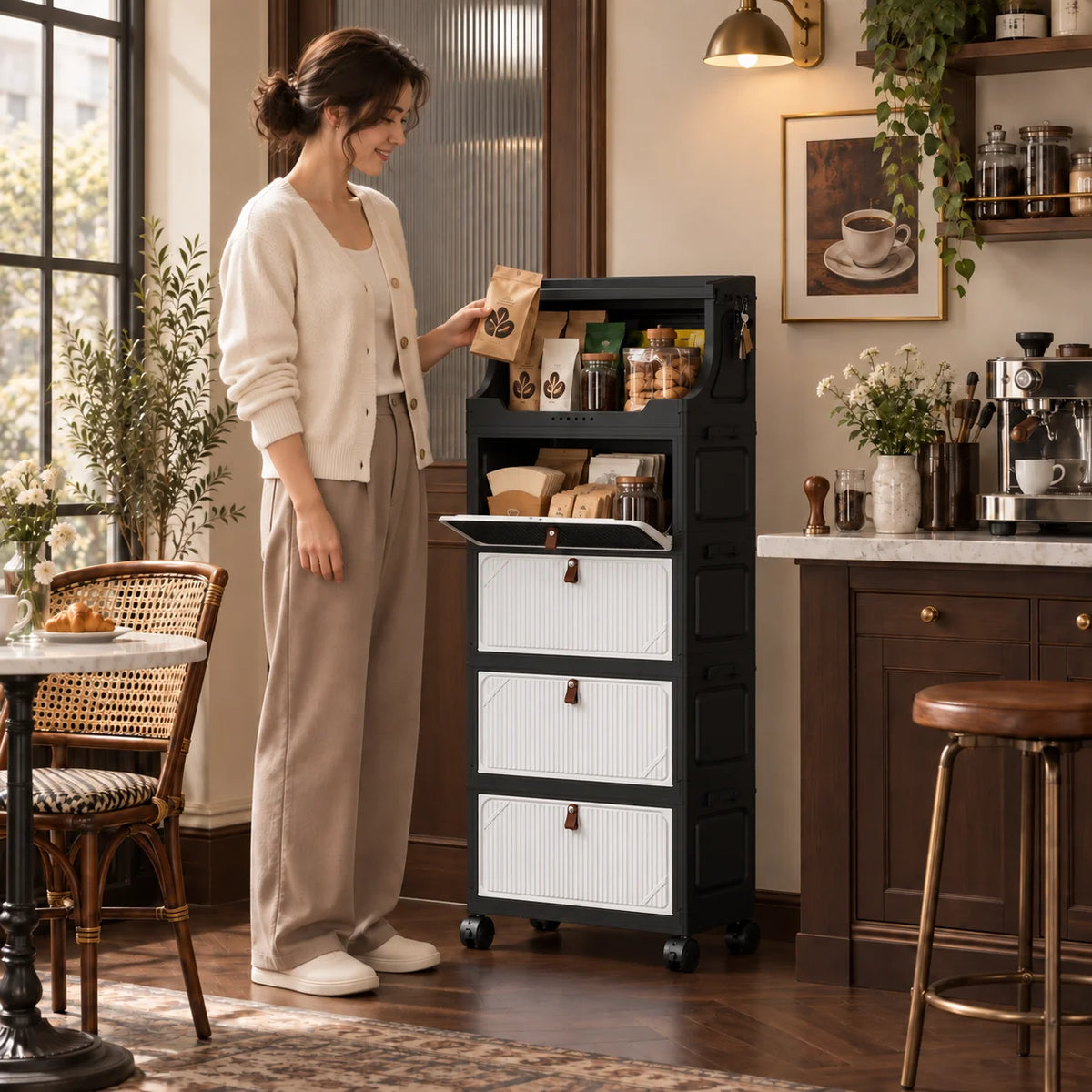 3–6 Tier Foldable Storage Cabinet with Open Top Shelf, Rolling Organizer with Flip-Down Doors and Wheels for Coffee Bar, Kitchen, Pantry, Living Room and Home Organization