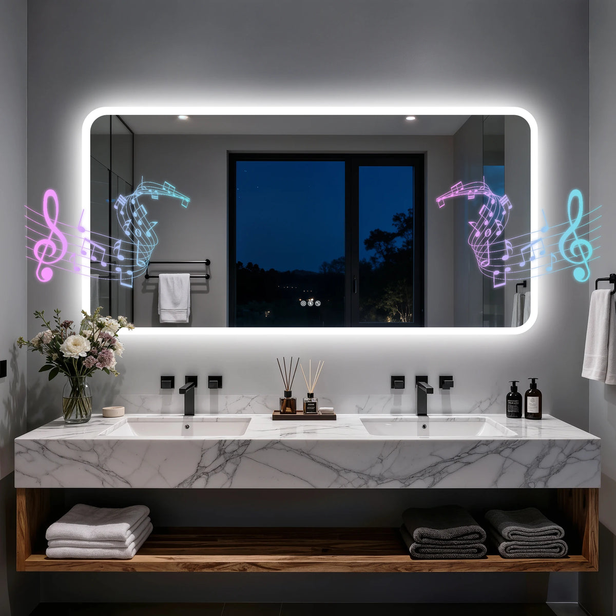 Smart LED Bathroom Mirror With Bluetooth Speakers And Anti Fog