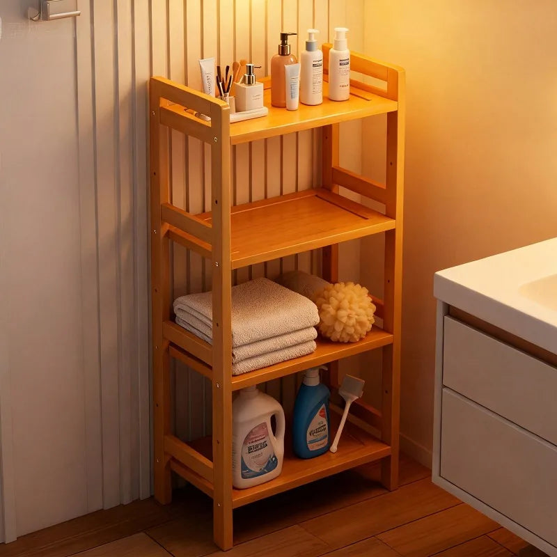 4-Tier 35 Inch Natural Bamboo Flat Organizer Rack) Layered Design, Space-Saving, Anti-Wobble, Kitchen/Bathroom/Living Room (Layered Version