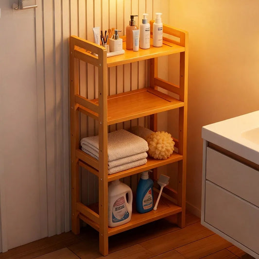 4-Tier 35 Inch Natural Bamboo Flat Organizer Rack) Layered Design, Space-Saving, Anti-Wobble, Kitchen/Bathroom/Living Room (Layered Version