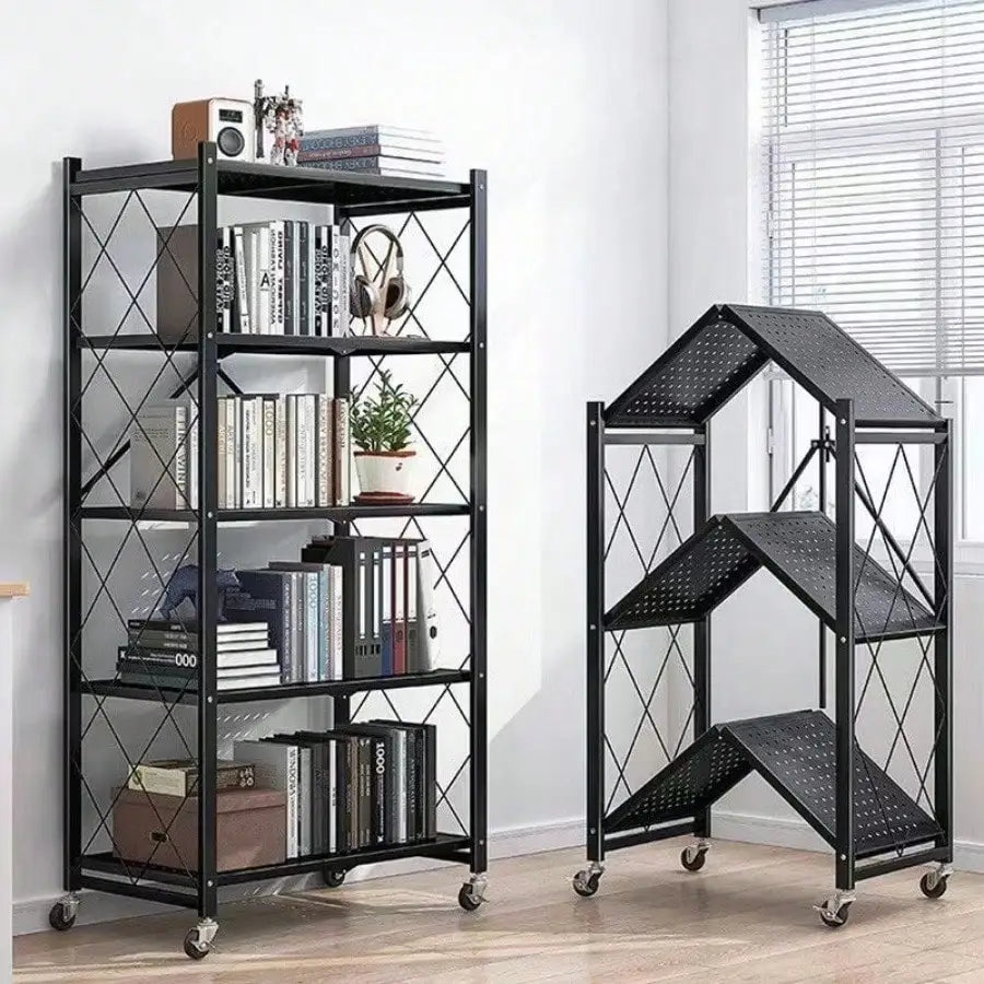 5 Tier Foldable Metal Storage Rack Modern Black Heavy Duty Rolling Utility Shelving Unit Lockable Wheels Collapsible Metal Mesh Bookcase Stand For Garage Kitchen Living Room Office Housewarming Gift