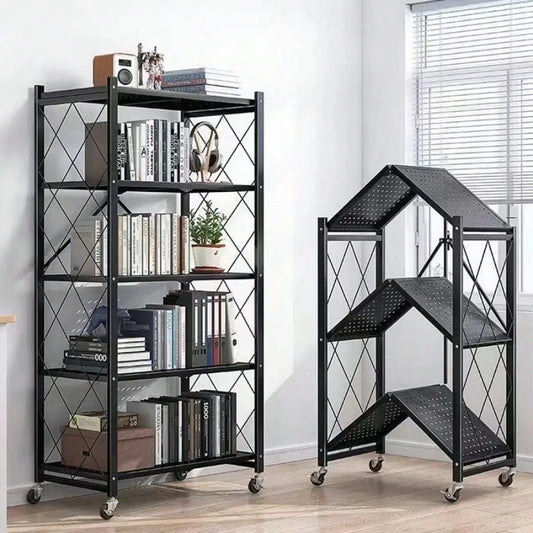 5 Tier Foldable Metal Storage Rack Modern Black Heavy Duty Rolling Utility Shelving Unit Lockable Wheels Collapsible Metal Mesh Bookcase Stand For Garage Kitchen Living Room Office Housewarming Gift