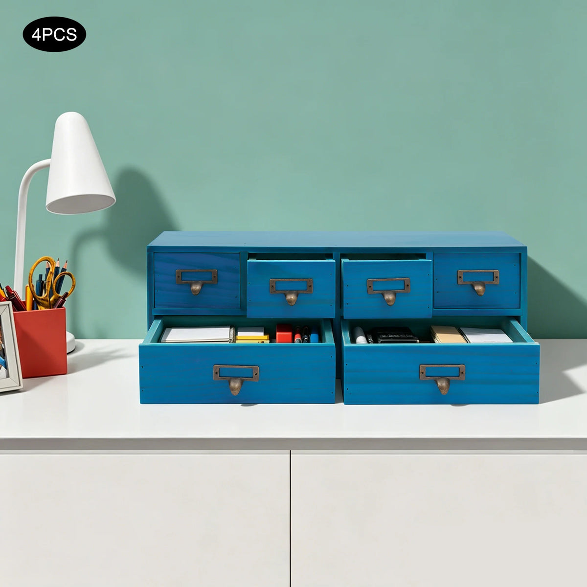 Wood Steel 6 Drawer Storage Box Organization Station, Blue Desk Organizer for Office Home Kitchen Supplies