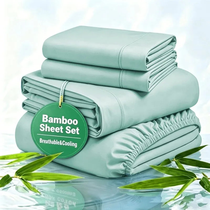 Cooling Bamboo Rayon Bed Sheet Set for Hot Sleepers, 2200 Thread Count Ultra Soft Silky Moisture Wicking Bedding Set, Deep Pocket Fitted Sheet Wrinkle & Fade Resistant Sheets with Pillowcases, Multiple Colors, Available in Tw
