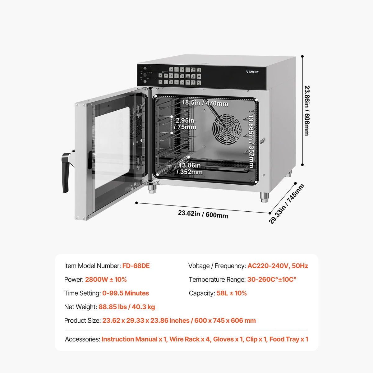 SucceBuy Commercial Convection Oven 58L 2800W 4-Tier Toaster Oven with Tempered Glass Door Racks Clip Tray Gloves for Restaurant