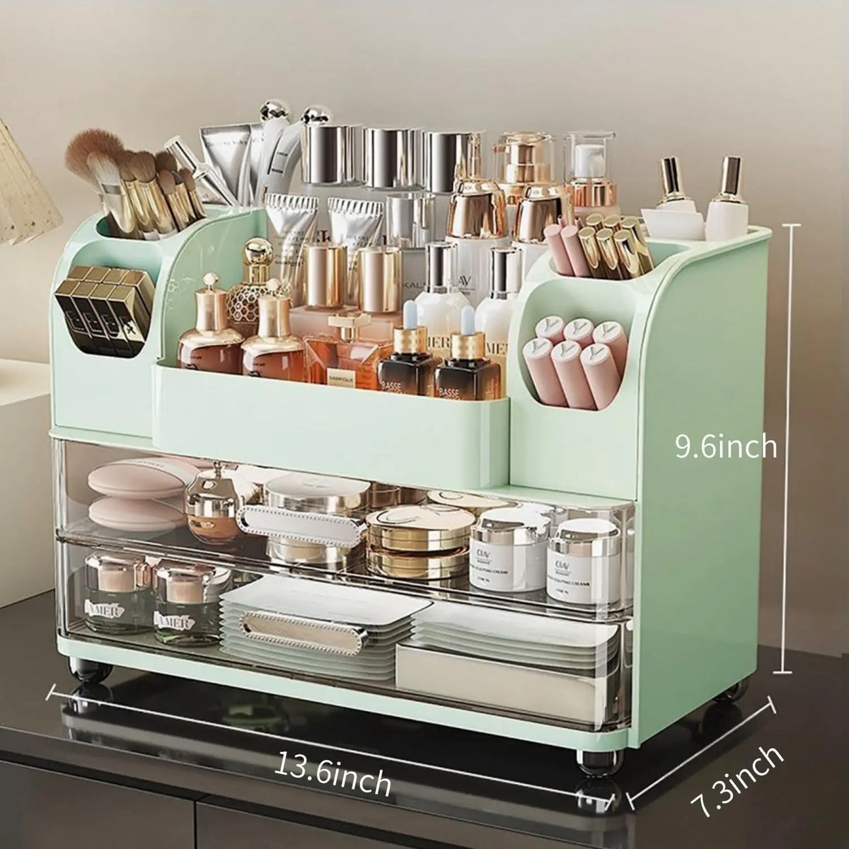 Plastic Vanity Makeup Organizer With Drawers And Brush Slots