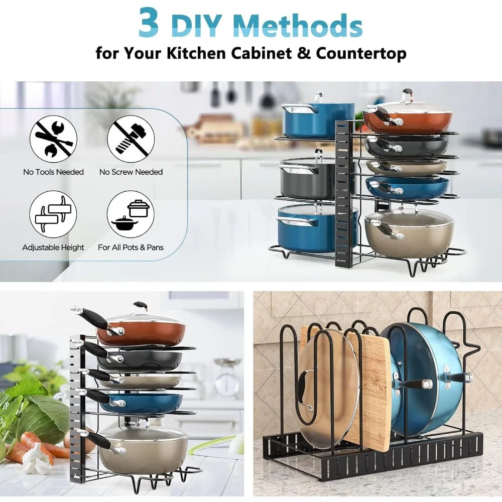 Adjustable Pots And Pans Kitchen Cabinet Storage Organizer Rack