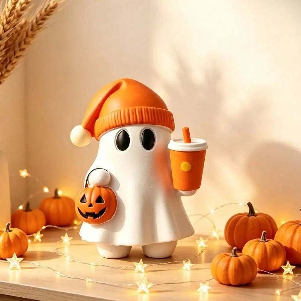 1pc Cute Halloween Ghost Figurine With Pumpkin Bucket And Orange Drink Resin Ghost Desktop Decor, Home Office Bookshelf Coffee Table Halloween Decoration Gift