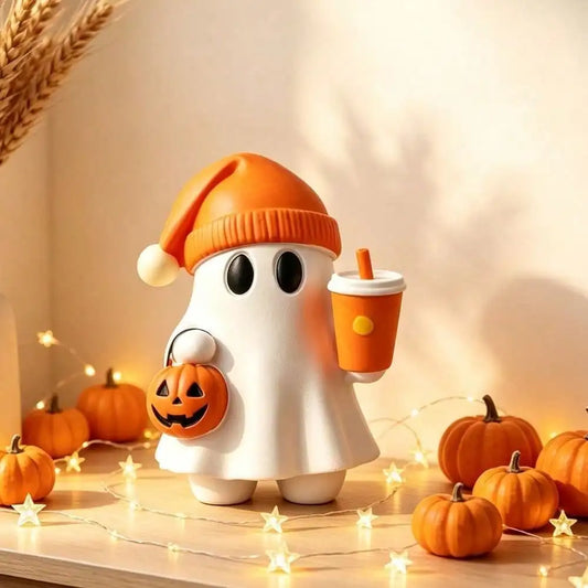 1pc Cute Halloween Ghost Figurine With Pumpkin Bucket And Orange Drink Resin Ghost Desktop Decor, Home Office Bookshelf Coffee Table Halloween Decoration Gift