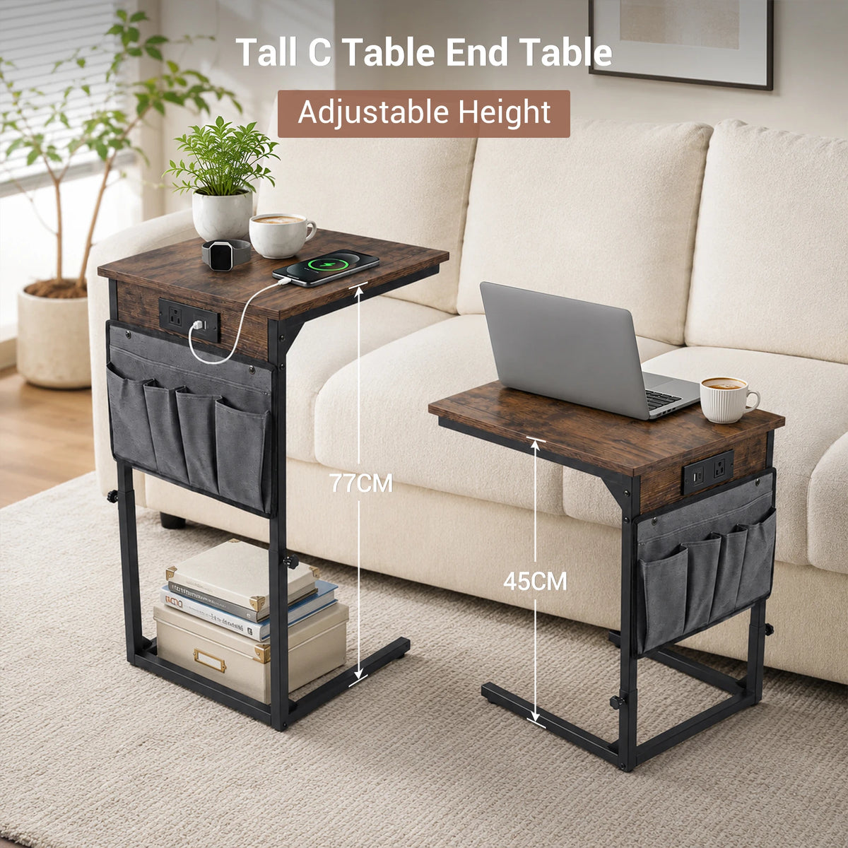 HiMISS Adjustable C Shaped End Table With Charging Station