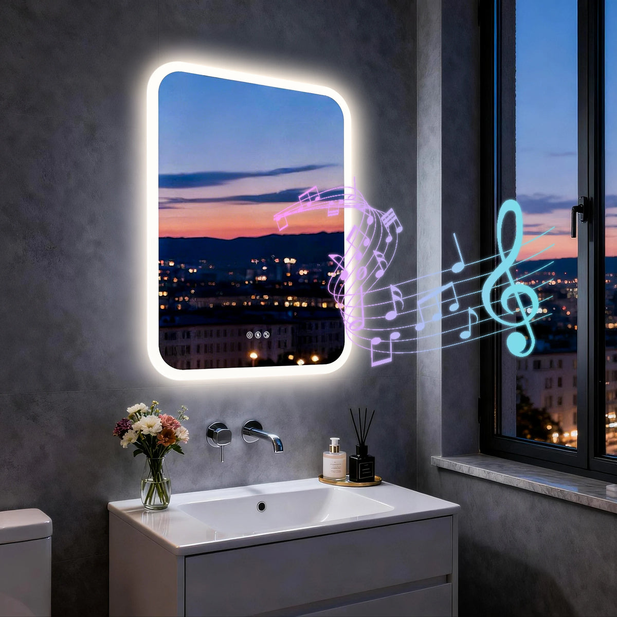 Smart LED Bathroom Mirror With Bluetooth Speakers And Anti Fog