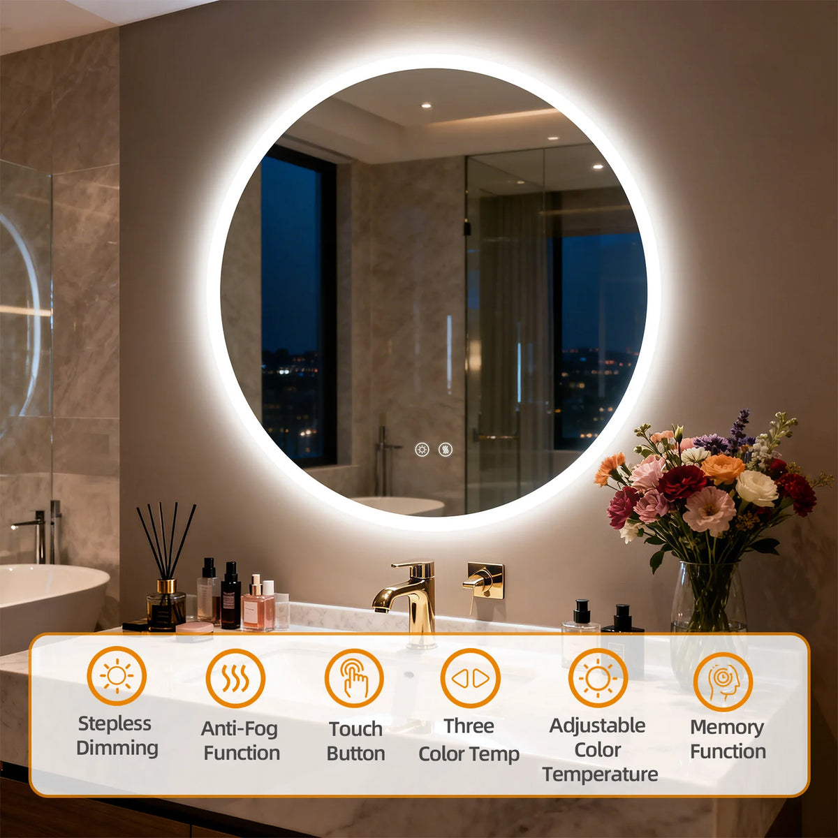 Round LED Bathroom Vanity Mirror With Anti Fog Dimming