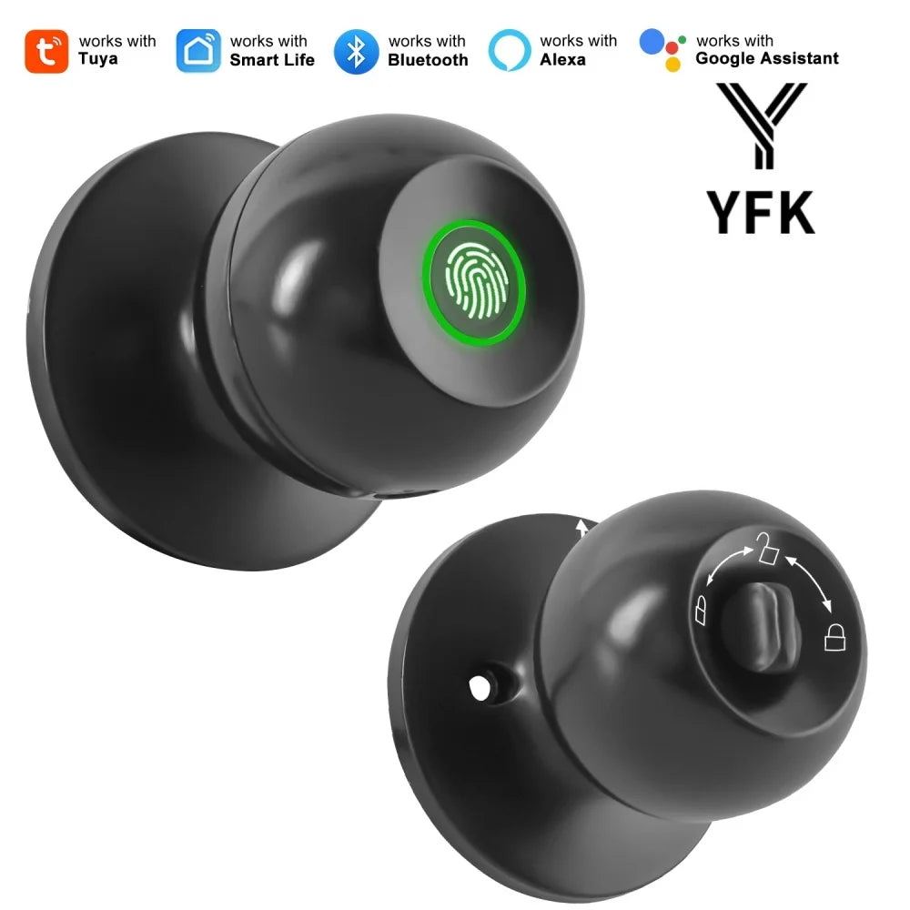 YFK TUYA Smart Life Fingerprint Door Lock Knob, Keyless Entry Bluetooth Electronic Door Lock with Tuya APP Control Password Key Unlock Auto Lock for Home Bedroom Office Hotel