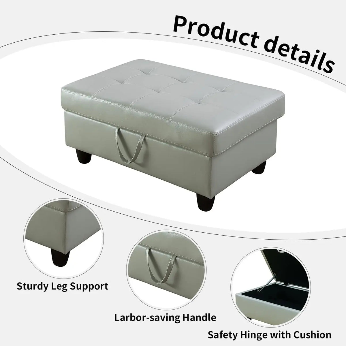Square Leather Storage Ottoman Bench With Cushioned Seat And Footrest
