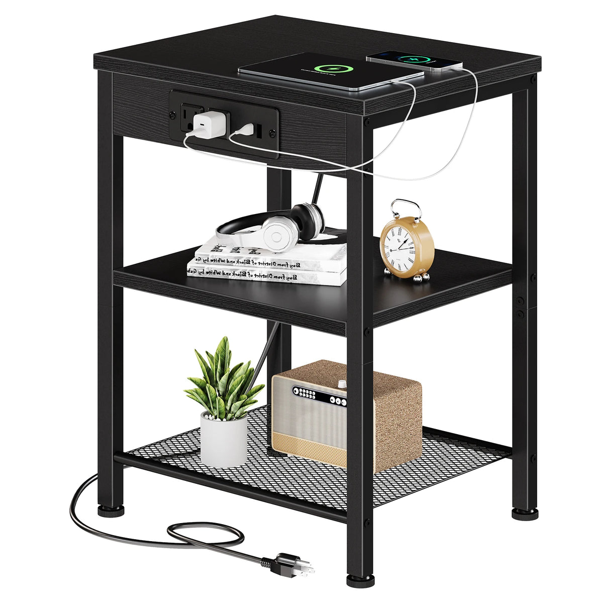 JHK 3 Tier Wood Side Table With USB Charging Station