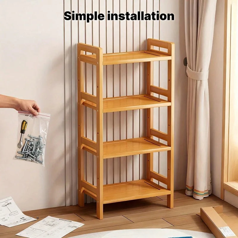 4-Tier 35 Inch Natural Bamboo Flat Organizer Rack) Layered Design, Space-Saving, Anti-Wobble, Kitchen/Bathroom/Living Room (Layered Version