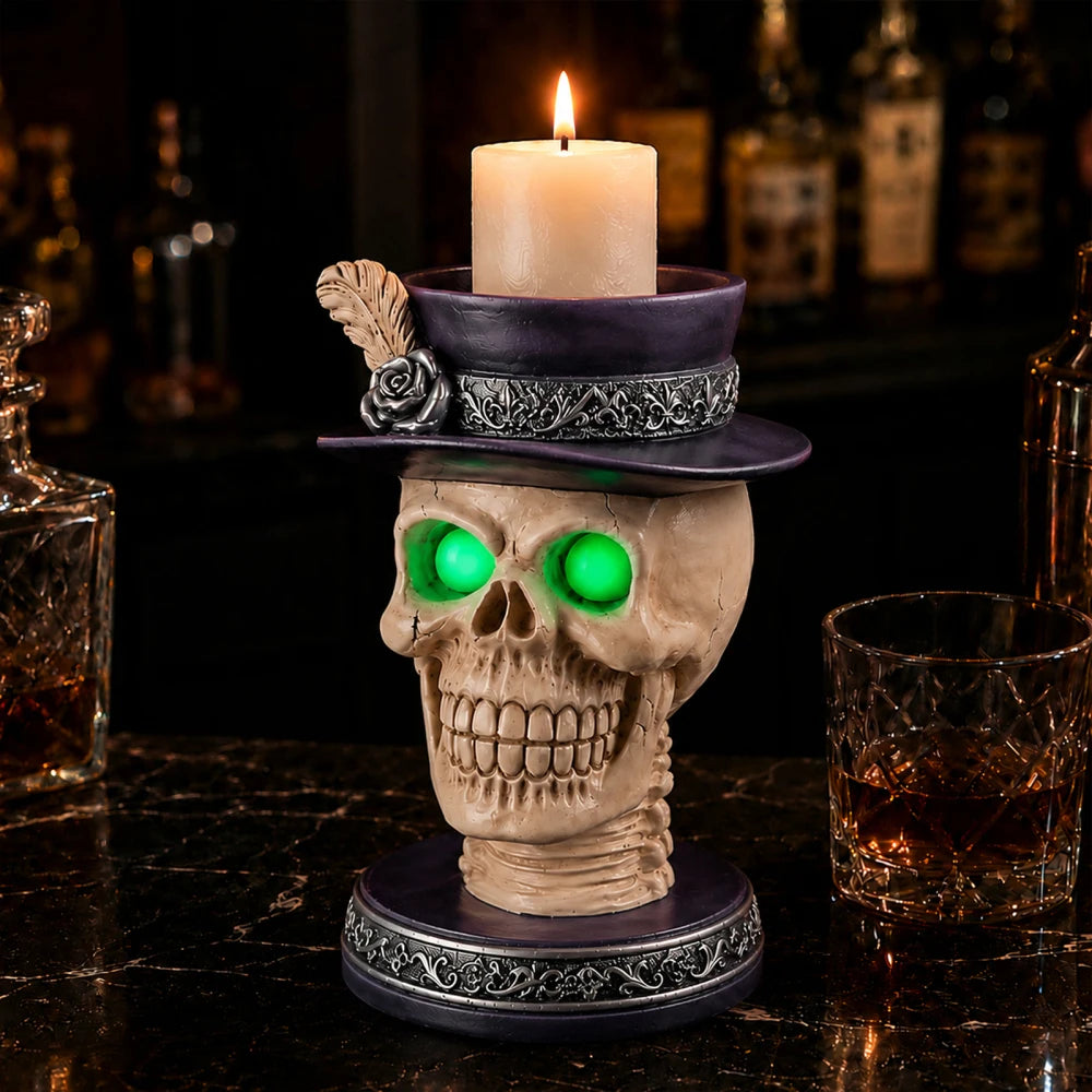 Halloween Skull Candle Holder with Glowing LED Eyes