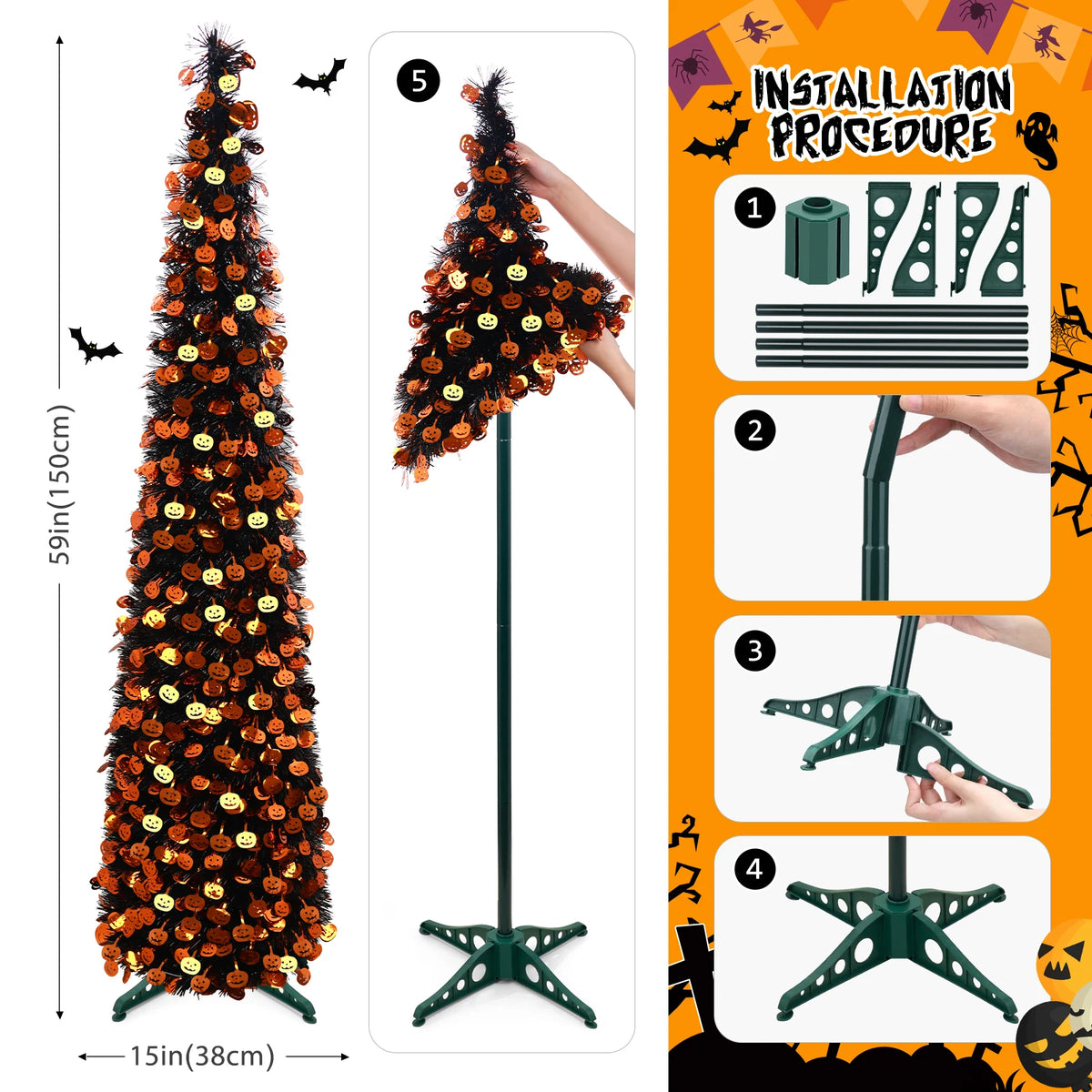 Halloween Artificial Tree With Pumpkin Ornaments And LED Lights