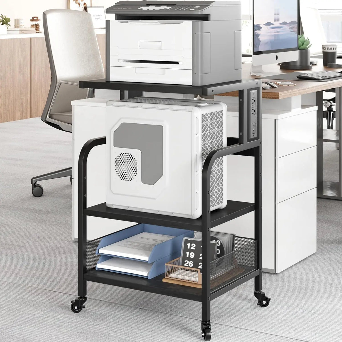3-Tier Mobile CPU Stand Printer Shelf Removable Adjustable Storage Shelf with Rolling For Desktop Computer Tower Printer Strong Load Capacity