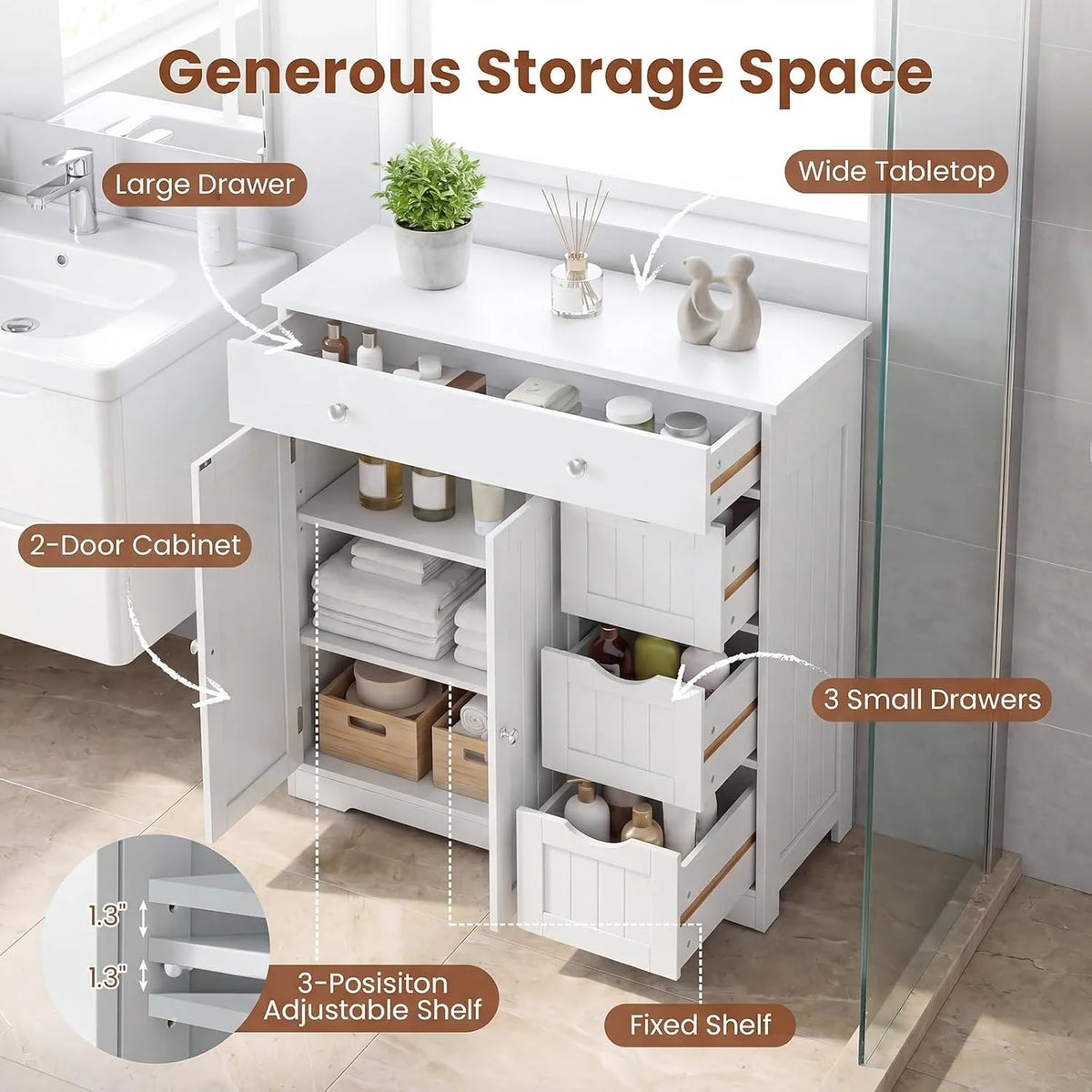 Bathroom Floor Cabinet, 4 Drawers, 2 Doors Cabinet (Off White)