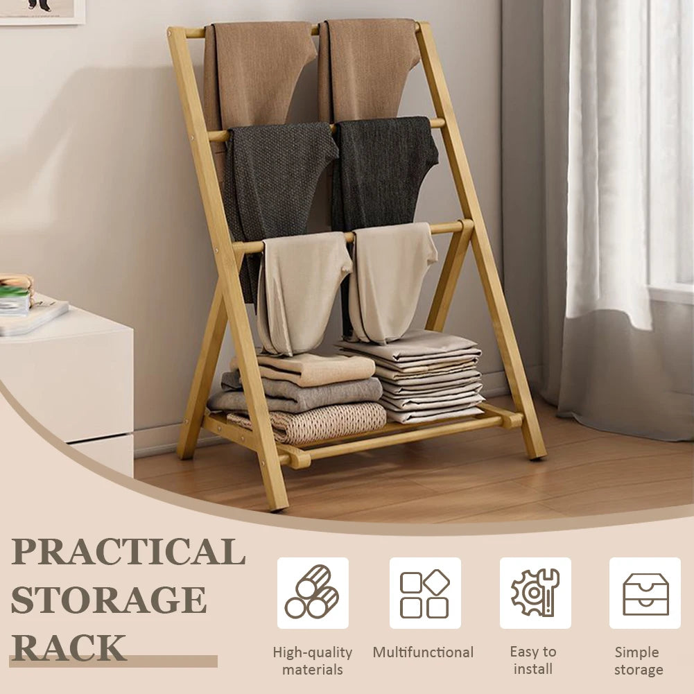 Bamboo Floor Towel Rack with Storage Shelf Freestanding Wood Hangers Towel Holder Organizer for Shower Bathtub Swimming Pool