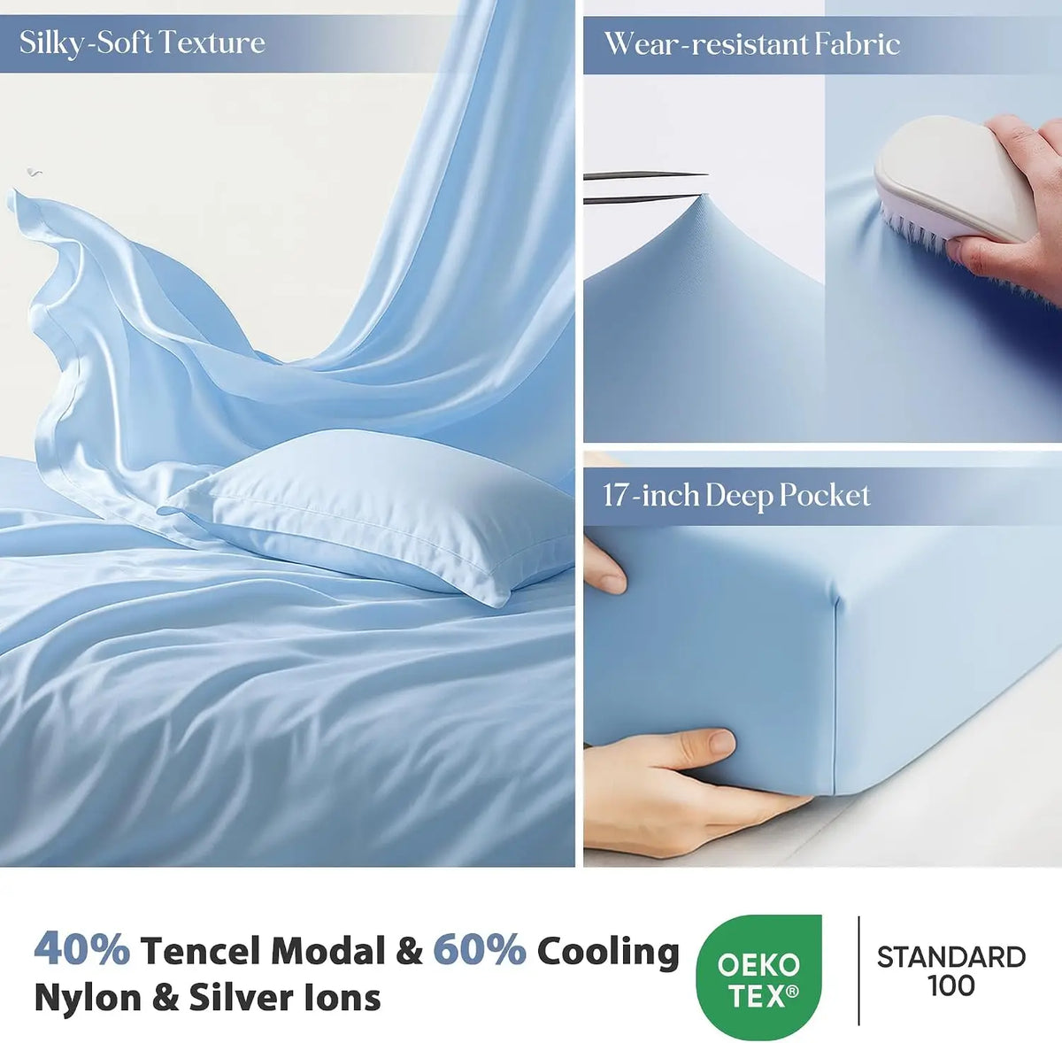Silver Infused Bed Sheets Set, Cooling Tencel Modal Sheet with Self-Cleaning Technology for 3X Freshness Sleep, Hypoallergenic & Breathable Sheet Perfect for Hot Sleepers (LightBlue, King)