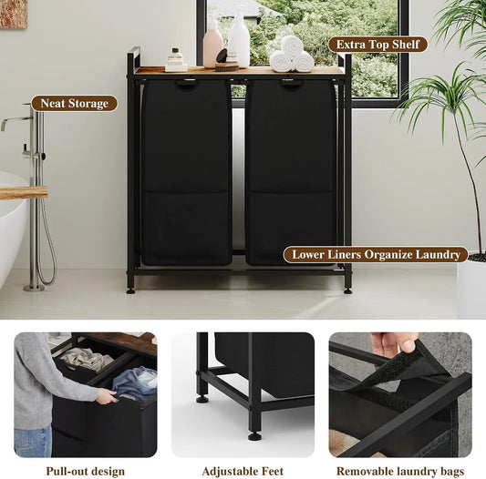 Laundry Sorter 2 Section, Laundry Hamper with Shelf, 97L Laundry Basket with Shelf, Removable Bags, Pockets, for Laundry Room, Bathroom & Bedroom, Rustic Brown and Black