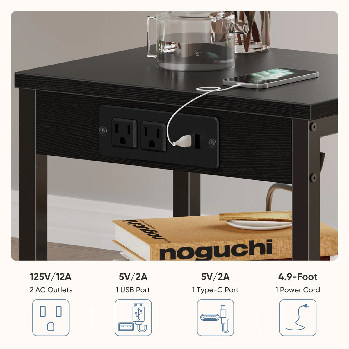 JHK 3 Tier Wood Side Table With USB Charging Station