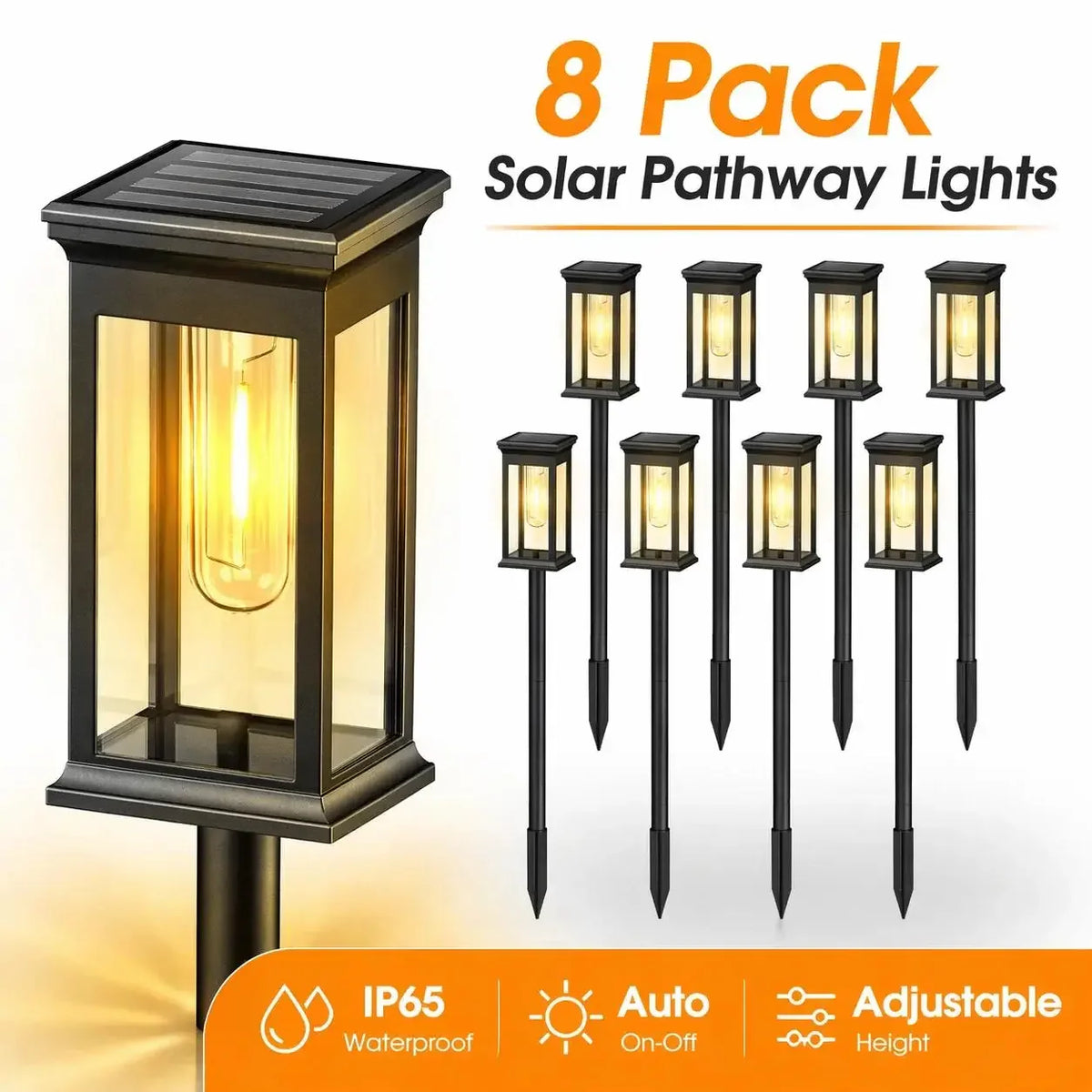 21 Inch 8 Pack Black IP65 Waterproof Solar Pathway Lights Adjustable Height Filament LED Outdoor Garden Landscape Lighting For Yard Patio Walkway Lawn Home Decor Gift Halloween Christmas