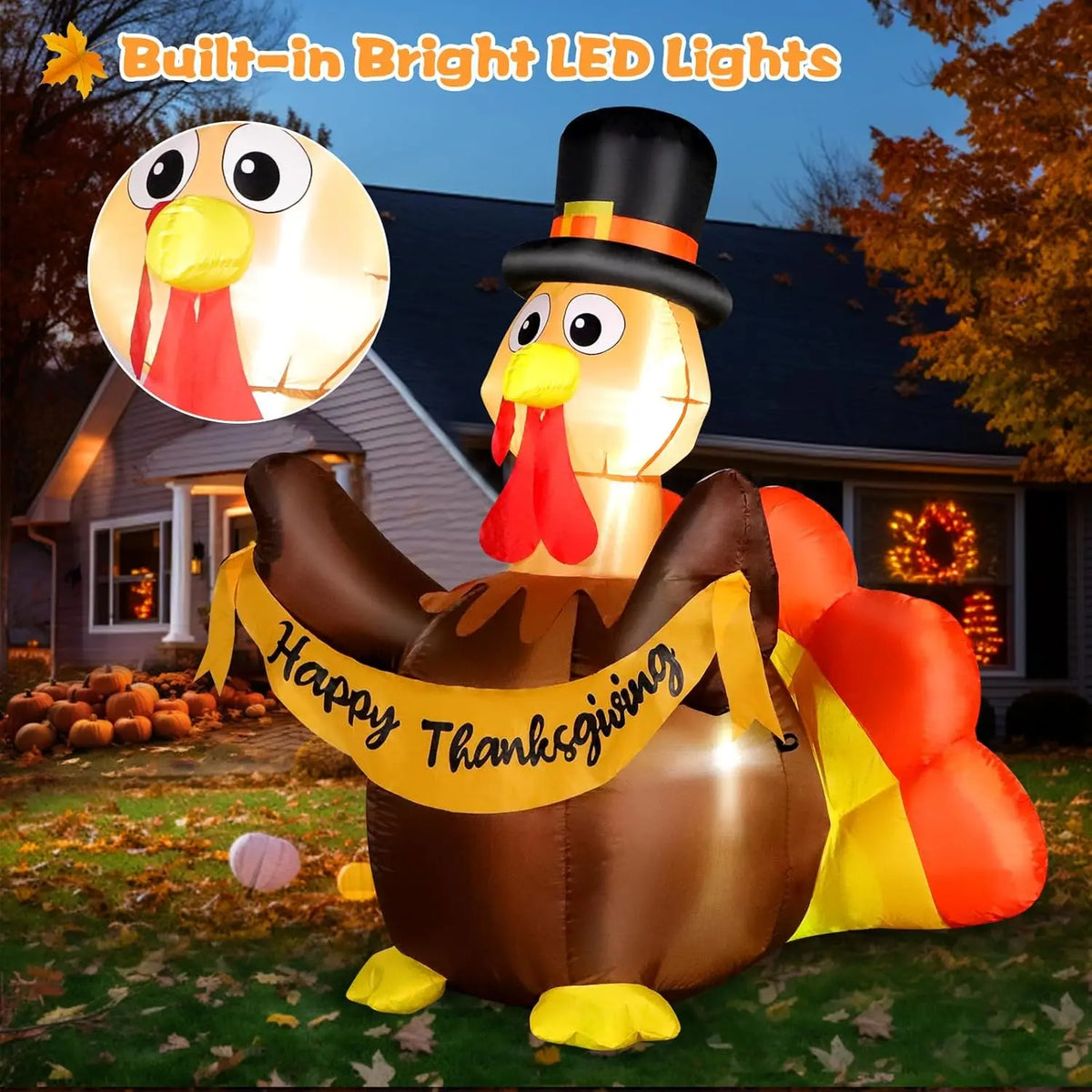 SHXI Inflatable Thanksgiving Turkey With Pilgrim Hat And LED Lights