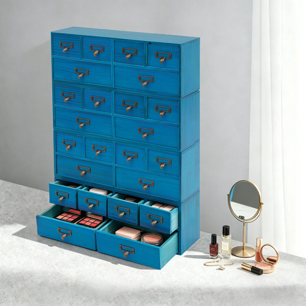 Wood Steel 6 Drawer Storage Box Organization Station, Blue Desk Organizer for Office Home Kitchen Supplies