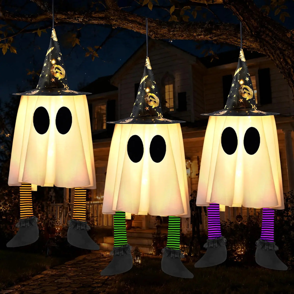 Joyfy Light Up Hanging Ghost Halloween Decorations With Witch Hat