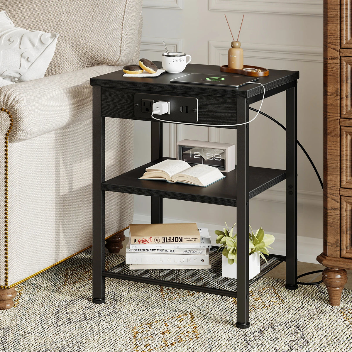 JHK 3 Tier Wood Side Table With USB Charging Station