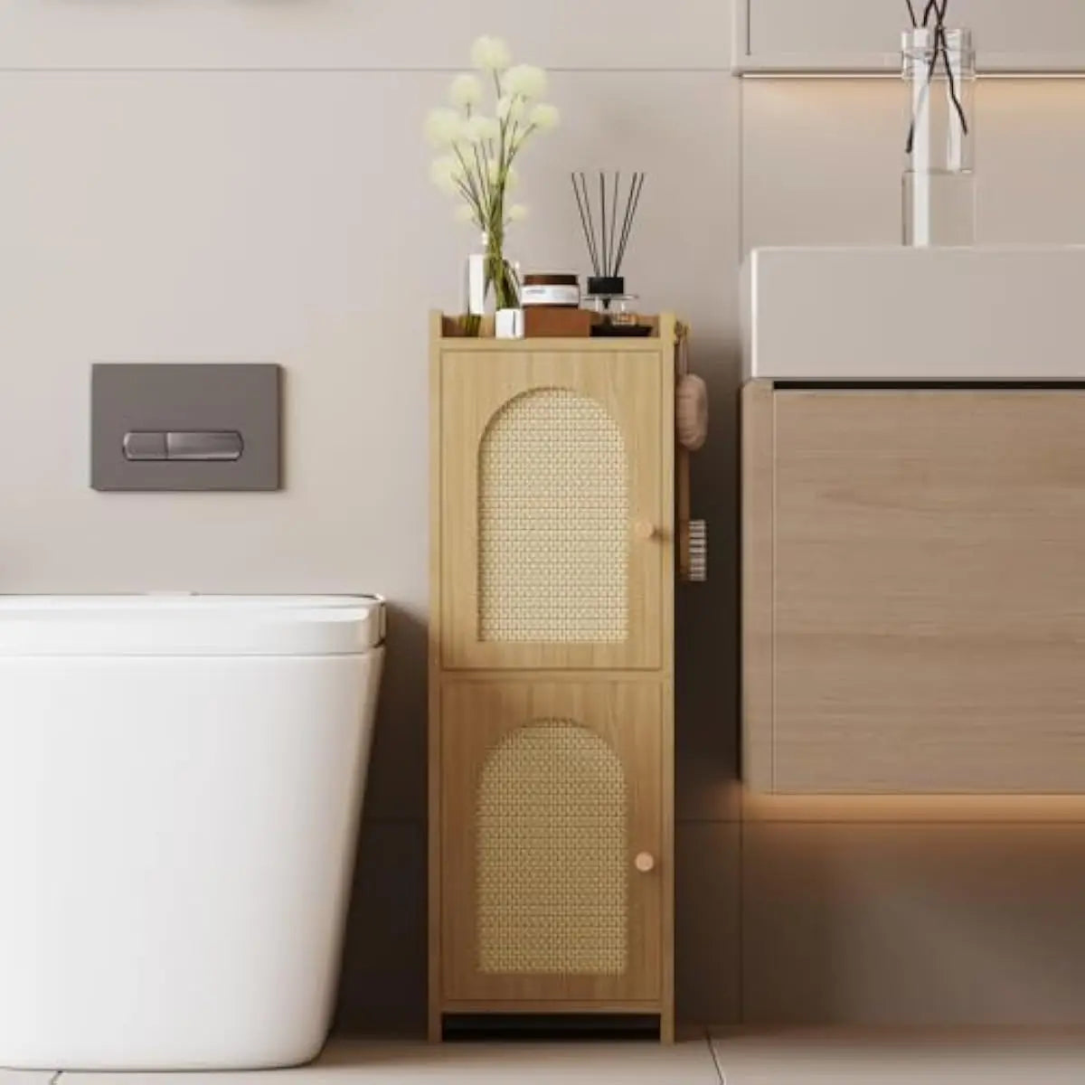 Rattan Clad Compact Bathroom Cabinet With Dual Doors
