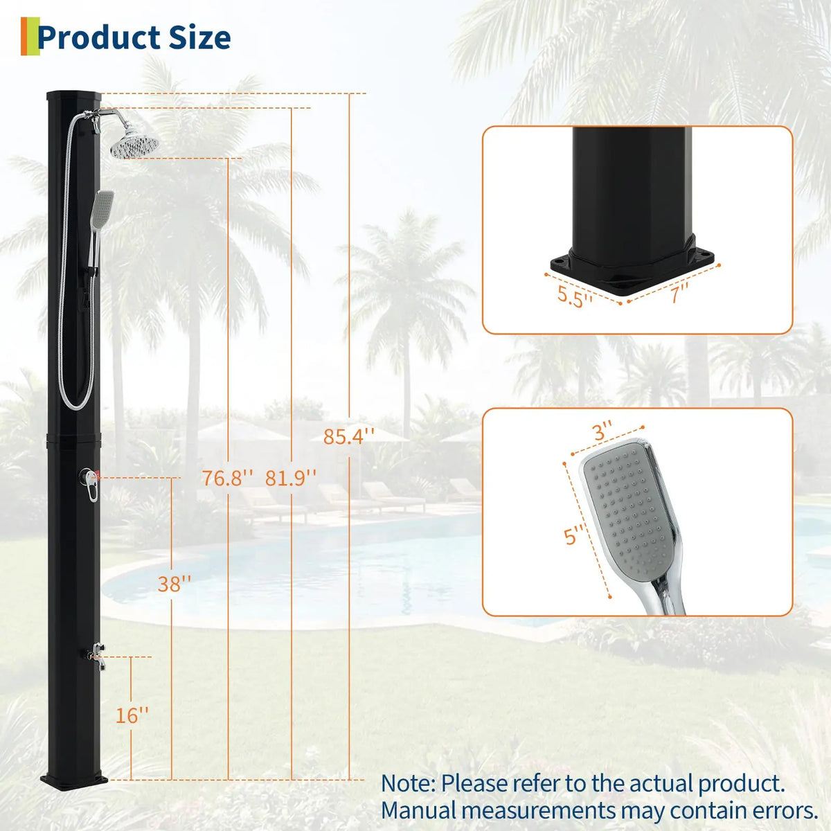 7.2FT Freestanding Solar Heated Pool Shower 9.3 Gallon Outdoor Shower Kit With Handheld Foot Faucet Hot Cold Water & Cover