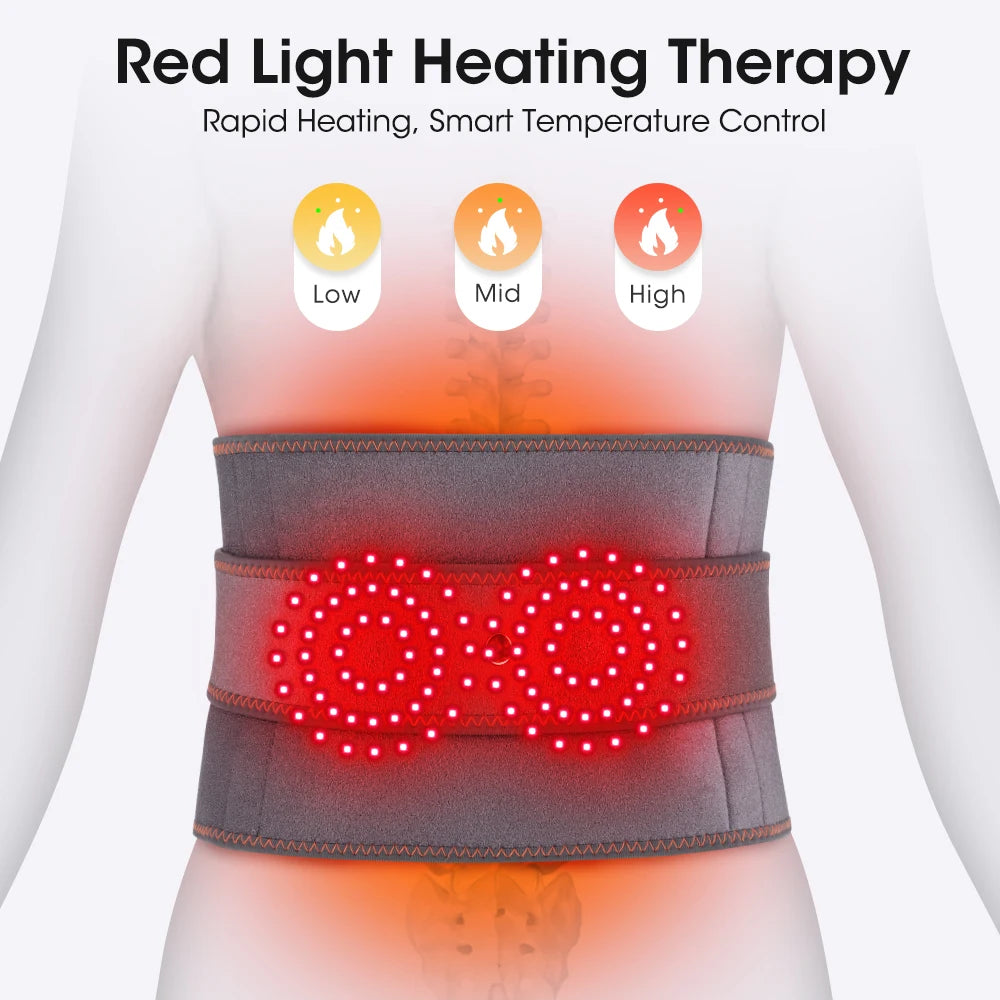 Electric Heated Waist Massage Belt with Vibration, 3 Temperature & 3 Intensity Levels, Red Light Waist Back Support Belt, 5000mAh Rechargeable Lumbar Wrap