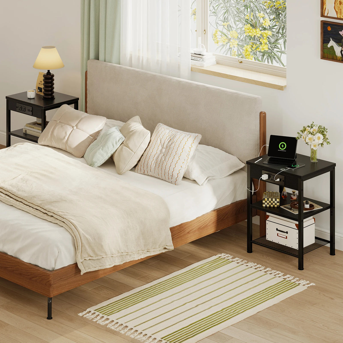 JHK 3 Tier Wood Side Table With USB Charging Station