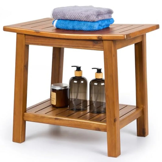 20 Teak Shower Bench with Storage Shelf for Indoor Outdoor Use, Natural Wood Tone, Weather-Resistant Space-Saving Design