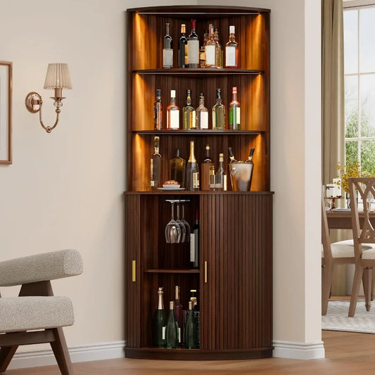 Corner Bar Cabinet With LED Lighting And Wine Glass Holder