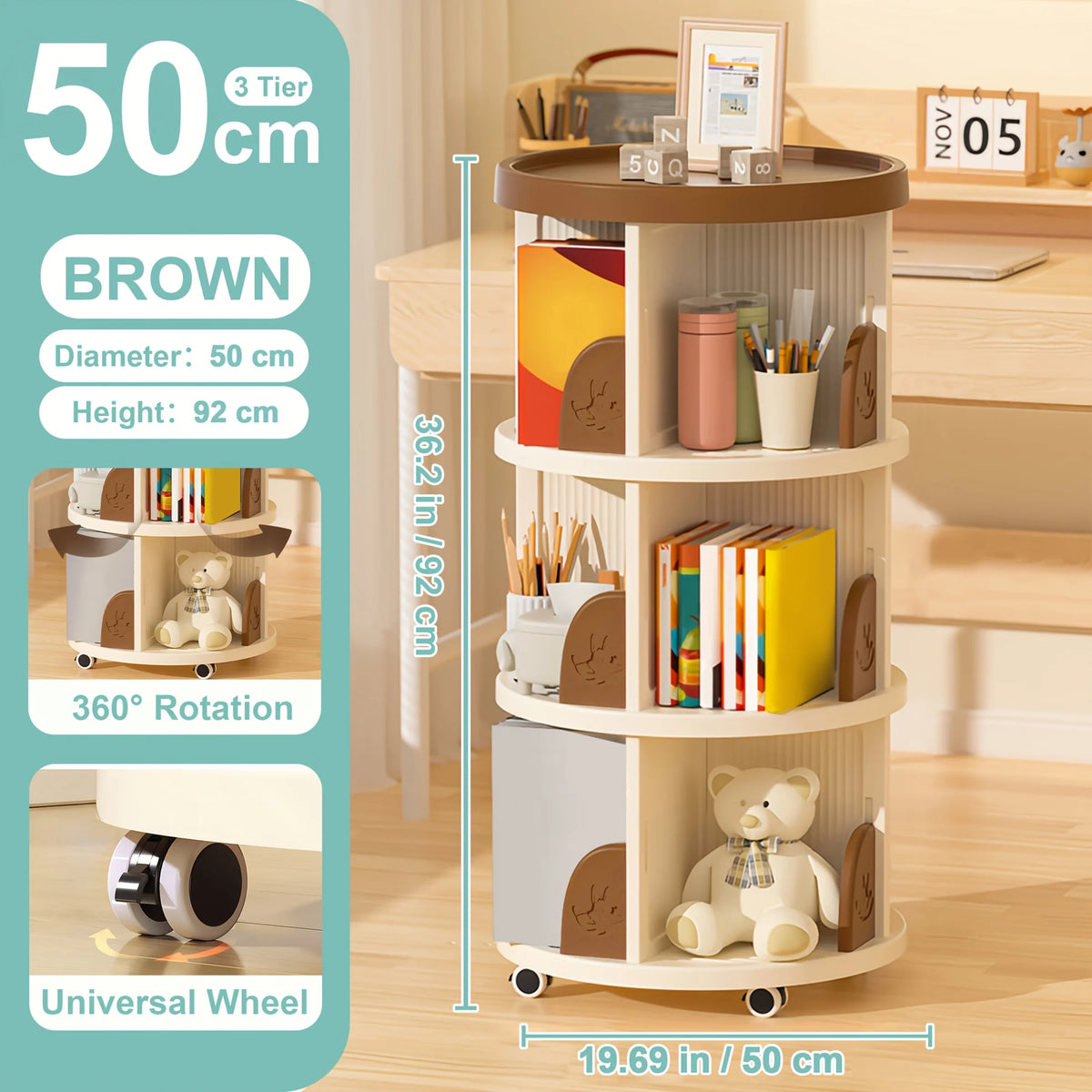 Multi-Tier Rotating Bookshelf, 360° Spinning Vertical Book Tower Organizer, Tall Lazy Susan Corner Bookcase For Adults, Space-Saving Round Storage Shelf For Living Room, Office, Or Study