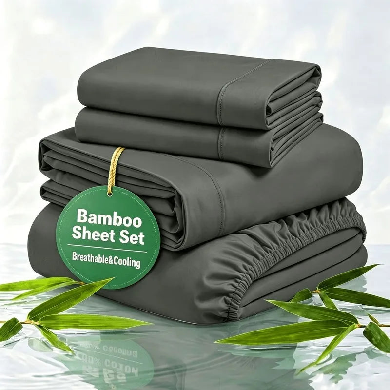 Cooling Bamboo Rayon Bed Sheet Set for Hot Sleepers, 2200 Thread Count Ultra Soft Silky Moisture Wicking Bedding Set, Deep Pocket Fitted Sheet Wrinkle & Fade Resistant Sheets with Pillowcases, Multiple Colors, Available in Tw
