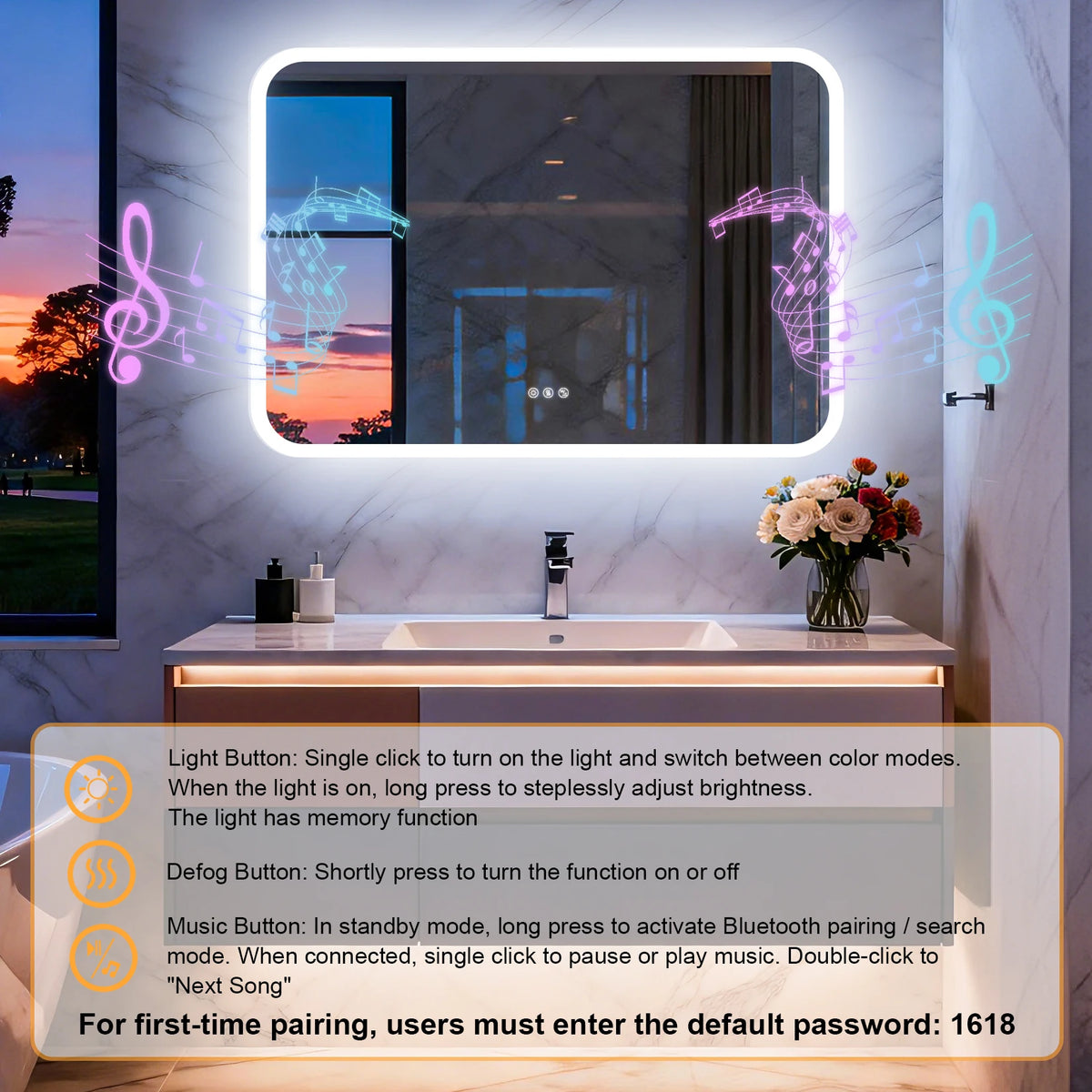 Smart LED Bathroom Mirror With Bluetooth Speakers And Anti Fog